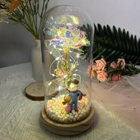 Preserved Flower in Glass Dome Artificial Gift for Her Home Decoration Rose Mother w Wood Base_Warm Light
