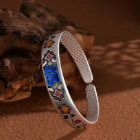 Emalio chrizantemos apyrankė, Cloisonne, Fuzi, Slyvos žiedas, Vintažinė apyrankė, Dovana moteriai geriausios draugės gimtadieniui Adjustable size brown