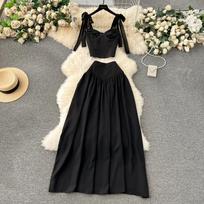 High-End Sense Set Sweet Bow Cami All-Match High Waist Long Skirt Socialite Temperament Two-piece Set S juoda