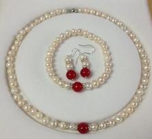 7-8MM White   Cultured Pearl/Red Jade bracelets necklace earrings set