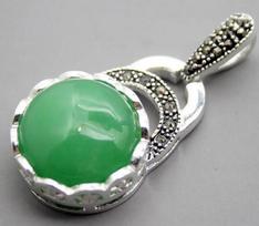 charmming Women's Natural Green JADE 925 Silver Sterling Marcasite Pendant 4x2cm