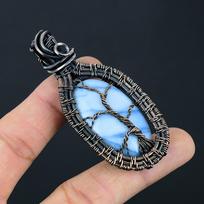 Tree Of Life Owyhee Opal Gemstone Handmade Copper Wire Wrap Jewelry Lovely Pendant For Women 2.95 Inches mėlyna