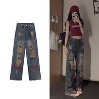 WTEMPO Vintage Hip Hop Pants Fashion Perforated Jeans High Waist Straight Leg Pants Streetwear Versatile Casual Y2K female Jeans XXL black