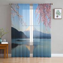 Mount Fuji With Cherry Blossom View From Lake Kawaguchiko Japan Sheer Curtains for Room Bedroom Window Voiles Tulle Curtain 135W x 114H(cm) gray