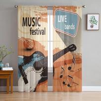Jazz Festival Poster With Trumpet Instrument Tulle Curtains For Living Room Sheer Curtain Bedroom Veil Organza Decorative Drapes 135W x 114H(cm)