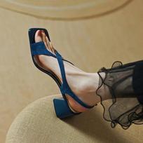 Sandals Women Summer Shoes Woman  Flip Flops Chunky Blue Heels Medium Heel Dress Slides Roman Elegant Sexy Fashion Footwear 35 beige