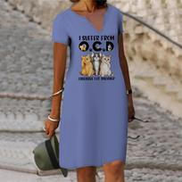 Summer Fashion V-neck Dress Ladies Short Sleeve Hiding Cats Printed Dress Loose Casual Dress for Women XS violetinė