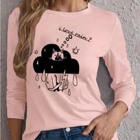 Moteriški viršutiniai drabužiai Melancholiškos katės paveikslėlio apvalios apykaklės ilgomis rankovėmis T-shirt Rudens laisvalaikio plonas megztukas Moteriškas ilgomis rankovėmis viršutinis drabužis 8XL juoda