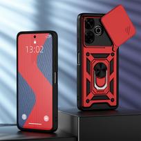 KEYSION Shockproof Case for Redmi 13 Slide Push Pull Camera Lens Protection Ring Stand Phone Back Cover for Xiaomi POCO M6 4G for POCO M6 raudona