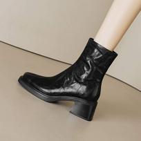 Krazing Pot Sheep Skin Round Toe Winter Thick High Heels Chelsea Boots Women Zipper Retro Fashion Pleated Decoration Ankle Boots 34 juoda