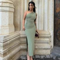 Ladies' Slanted Shoulder Slit Sexy Temperament Slim Fit Long Dress S juoda