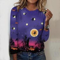 Tops For Women Halloween Witch Print Round Neck Long Sleeve T-shirt Fall Casual Slim Pullover Women's Long Sleeve Top XS violetinė