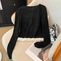 Autumn Long Sleeve Hollow Out Knitted Sweater Women Elegant Fashion Casual Pullover Sweaters Office Ladies Simple Solid Round Neck Knitwear Tops 24833 One Size juoda