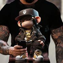3D Digital Hip Pop Style Monkey With Cap Pattern Crew Neck And Short Sleeve T-shirt, Stylish And Cool Tops For Men's Summer Street Wear 6XL black