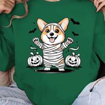 Corgi mummy costume printed pullover, casual long-sleeved crew neck sweatshirt, suitable for spring and autumn, women's clothing S black