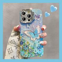 Invisible lens bracket protective film Phone Case For iPhone 15Pro Max 11 12 13 14 15 14 Plus 12pro 15pro Blue Flower Butterfly Pattern Back Cover for iphone 11 mėlyna