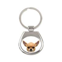 Čihuahua trumpaplaukis, Čihuahua lygus - geometrinis raktų pakabukas su nuotrauka ir užrašu Art-Dog balta