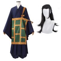Jujutsu JJK Manga Anime Suguru Geto Cosplay Costume Wig Dark Blue kimono Top Skirt Pants Cassock Rose Net Halloween Gift L-(Costume+Wig)