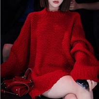 Autumn Long Sleeve Casual Loose Red Sweaters Women Winter Solid Warm Round Neck Knitted Sweater Ladies Elegant Vintage Soft Knitwear Jumpers 24944 One Size raudona