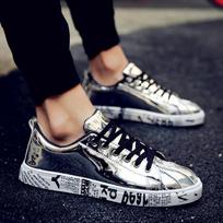 Men‘s Gold Silver Leather Casual Bling Hip-hop Couple Street Shoes Women Lace Up Jogging Sneakers Outdoor Footwear Trainers 36 gray