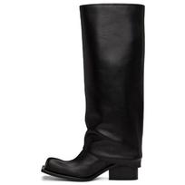 New Big Barrel Apron Boots Thick Square Round Head Long Barrel Women's Boots Genuine Leather Thick Sole Metal Knight Boots 35