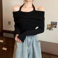 Autumn Elegant Slash Neck Knitwear Women's Sweater One Shoulder Long Sleeve Sexy Off Shoulder Pullover Sweaters Women Slim Fit Halter Jumpers 25059 One Size juoda