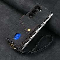 Riešo dirželio piniginės dėklas, skirtas „Samsung Z Fold 6 5 4 S24 Ultra S23 FE S22 Plus A16 A15 A25 A35 A55“ kortelių laikikliui, atsparus smūgiams, apsauginis PU odos dangtelis Galaxy Z Fold 5 juoda
