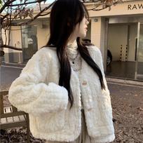 High-end imitation lamb wool soft waxy coat autumn and winter new thickened warm V-neck style ins top women's clothing S