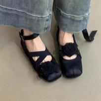 fashion Flower Flats Women Ballet Dance Shoes Cozy Walking Shallow Square Toe Sandals Autumn 2024 Dress Designer Casual Zapatos Mujer 35 juoda
