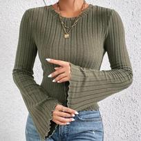 New Autumn Flare Sleeve Round Neck Casual T-shirt Women Fashion Elegant Slim Fit Women Tee Shirts Vintage Winter Base Simple Office Lady Tshirts 25177 S armijos žalia spalva