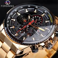 Forsining Sports Mens Mechanical Wristwatches Multifunction Sub-Dials Luminous Hands Military Automatic Watch Luxury Steel Strap Watches juoda/auksas