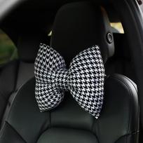 Houndstooth Bow Car Headrest Neck Pillow & Waist Pillow Set - Cute Car Interior Accessories for Women white