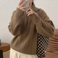 Korean Chic Autumn and Winter Soft Waxy Knitted Blouse Women's Retro Twist Half-zipper Lazy Short Style Sweater One size kava
