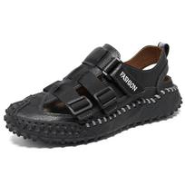Fashion Summer High Quality Thick Sole Sports Sandals Leather Cowhide Beach Toe Wrap Sandals Male Outdoor Walking Shoes Men Casual Shoes 46 chaki
