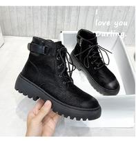 Fashion Celebrity Buckle band riding botas lace up winter boots women pu leather shoes thick heels round toe ankle short bottine femme 5 juoda