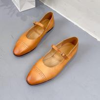 Fashion Retro girl Fashion cowhide soft flat ballet shoes casual walking leather women's shoes inner sheepskin Mary Jane Shoes 35