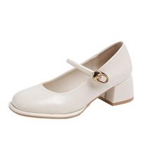 Fashion 2024 New Marry Janes Shoes Womens Office Platform Round Toe Buckle Strap Thick Med Heel Shoe Ladies Casual Pumps 34 smėlis