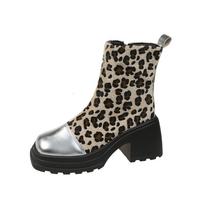 Fashion Thick-soled Round-toe Cigar Boots Women's High-heel Wide-step Short Boots Mid-calf 2024 Arrival Autumn/winter New  Womens Shoes 35 leopardo rašto spalva