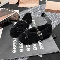 Fashion Round Toe Cosy Lamb Wool Ballet Flats Woman Fashion Bowknot Warm Fur Mary Jane Shoes Ladies Designer Buckle Fluffy Plush Loafers 38 juoda