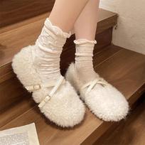 Fashion Fur Women Flats Ballet Dance Shoes Shallow Casual Mary Jane Shoes Woman 2024 Trend Winter Snow Boots Cozy Warm Mujer De Zapatos 35 beveik baltos spalvos