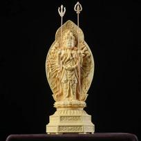20cm Boxwood Thousand-Hand Guanyin Carving Sculpture Feng Shui Home Decor Solid Wood Buddha Statue