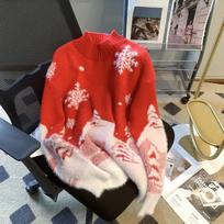 Winter New Cute Print Loose Christmas Pullovers Sweater Women Tops O Neck Long Sleeve Vintage Knitted Sweater Woman Casual Fashion Lady Jumpers 25513 One Size raudona