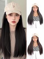 Synthetic Hat Wig 'LY' Embroidered Beige Duck Caps With Long Straight Hair Extensions For Women Hat And Wig In One Piece For Daily Use In Winter 18inch beige