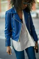 Genuine Lambskin Leather Stylish Long Sleeve Blue Biker Motorcycle Womens Jacket XS mėlyna