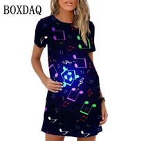 Vasaros moteriška suknelė 3D muzikos natų raštų spaudinys Mini suknelė Streetwear drabužiai Laisvalaikio trumpomis rankovėmis Mergaitės moters suknelė 4XL beige