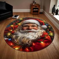 1Pcs Christmas  Santa  Pattern Round Area Rug Indoor Non-Slip Washable Fiber Carpet Soft Comfortable Mat For Bedroom Living Room 60X60cm
