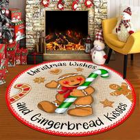 1Pcs Christmas Gingerbread Man Print Round Area Rug Indoor Non-Slip Washable Fiber Carpet Soft Comfortable Mat For Bedroom Living Room 60X60cm
