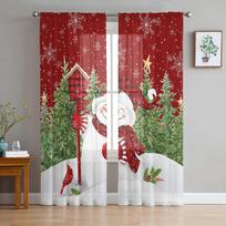 Christmas Snowman Christmas Tree Robin Red Sheer Curtains Living Room Decoration Window Curtains Kitchen Tulle Voile Curtains W135 x H115cm x1 brown