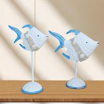 2 Pieces Fishes Sculptures Animal Figurines Modern Art Display Gift Home Decoration Artificial Blue White beige
