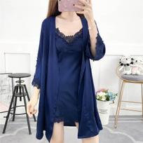 Female Nighty&Robe Set Nightgown Sexy Intimate Lingerie Sleepwear Pink Satin Wedding Dress Gown Casual Loose Homewear Loungewear M blue